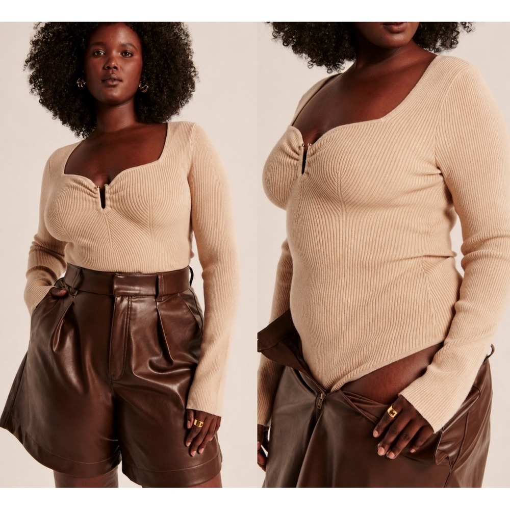 AF Abercrombie Ribbed Long Sleeve Knit Thong Bodysuit Tan Sz S Minimalist Preppy